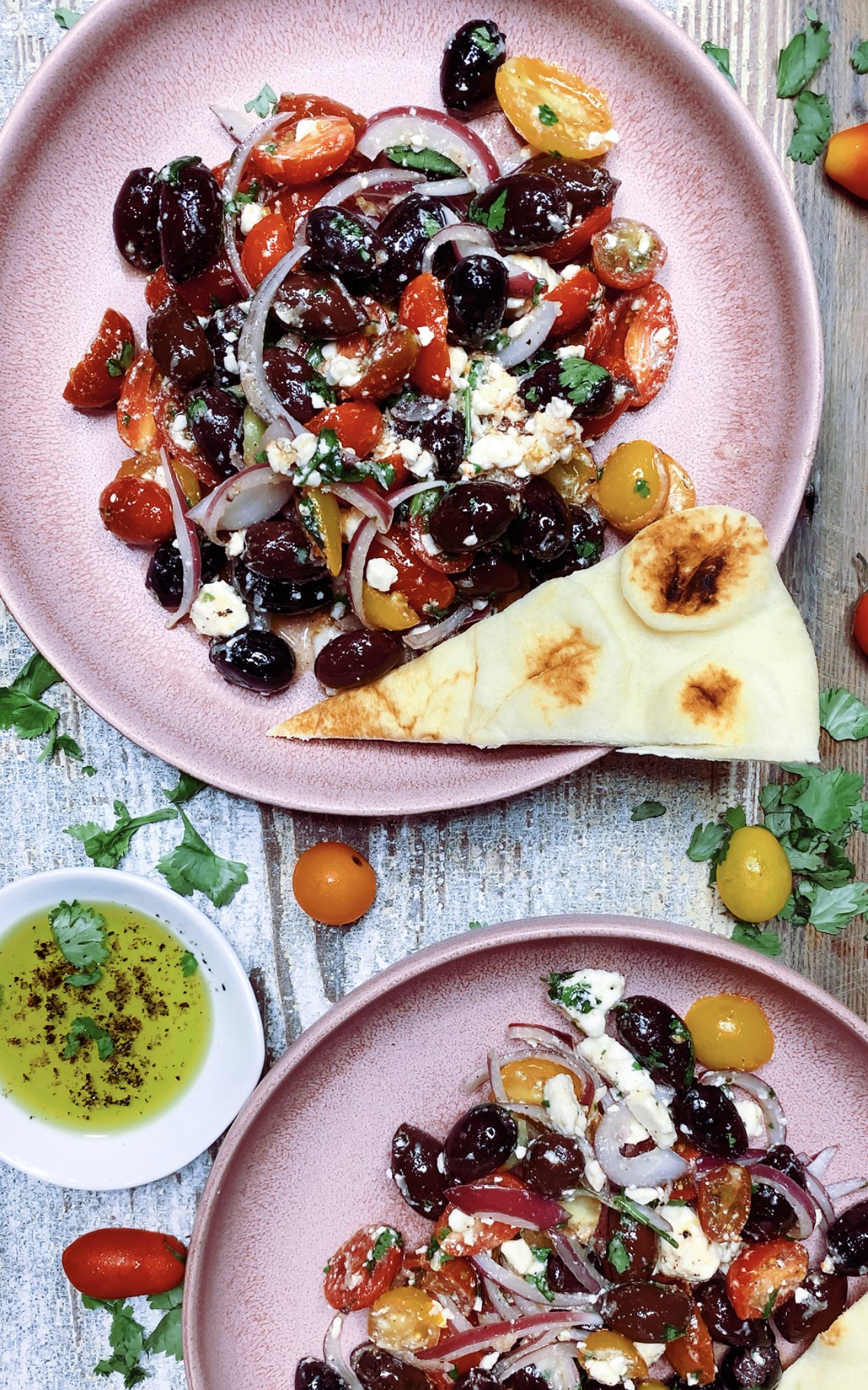 A Black Olive and Tomato Salad with Toasted Naan featured by top Atlanta lifestyle blogger, Hurry in Time